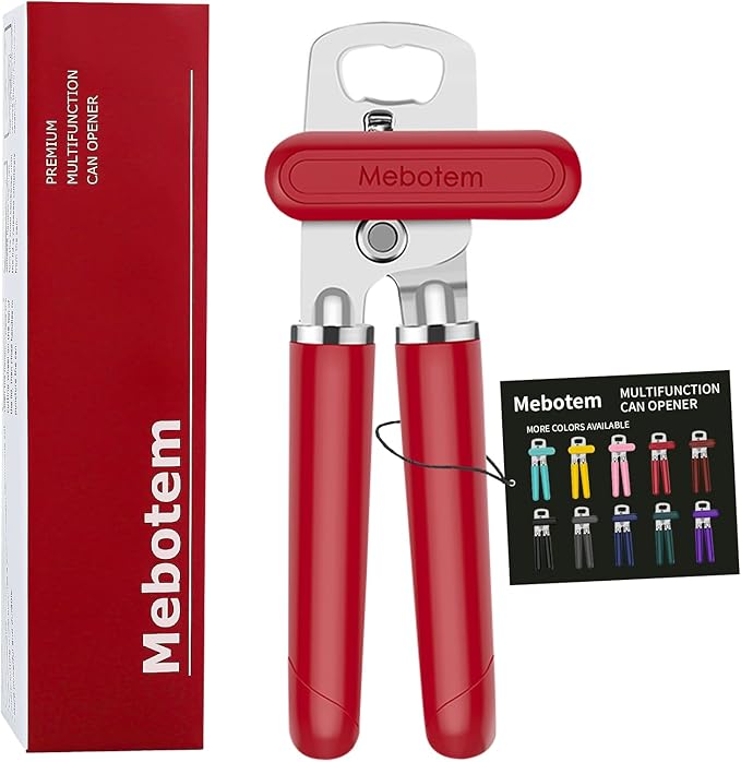 10 Colors, Manual Handheld Heavy Duty Hand can Opener Smooth Edge Stainless Steel, Top Lid Kitchen Gadgets, Best Large Rated Easy Turn Knob, with Bottle Opener, Red