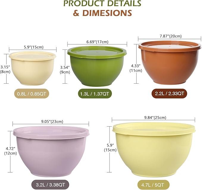 Greentainer Plastic Mixing Bowls with Lids Set for Kitchen, 5 Set Nesting Bowls for Mixing, Baking, Prepping, Cooking and Serving Food, Mixing Bowls Dishwasher, Microwave Safe