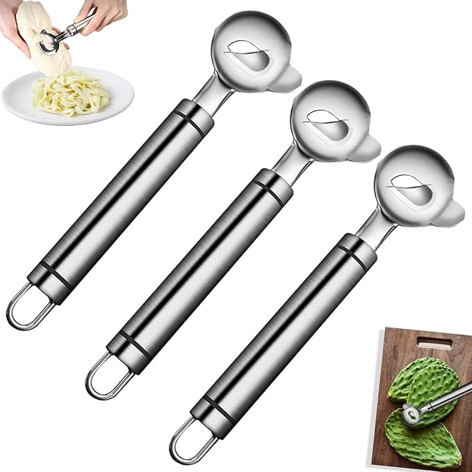 3Pcs Cactus Peeler Spoon, Stainless Steel Cuchara Pelador de Nopales, Multi-Function Cactus Peeling Knife Tool, Sliced Chinese Noodle Cutter for Kitchen Gadgets Accessory