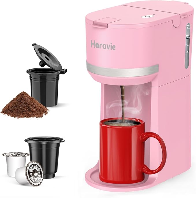 Horavie Mini Single Serve Coffee Maker for K Cup and Ground Coffee, Fast Brew One Cup Coffee Machine with Descaling Reminder and Water Window, 6 to 12 oz. Brew Sizes, Pink
