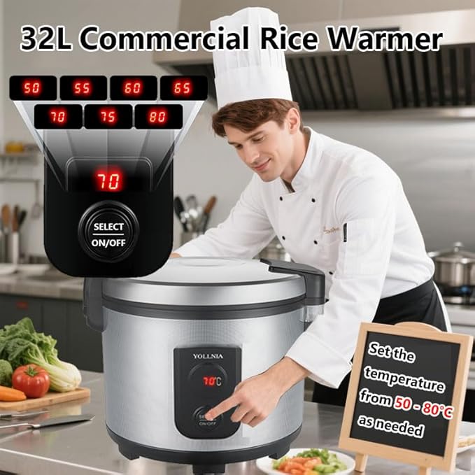 32.1QT Commercial Rice Warmer(Not Rice Cooker) Portable Big Food Rice Warmer / 122℉- 178℉ Adjustable Temperature/ 160W/ Non-stick Inner Pot For Restaurant Party Family