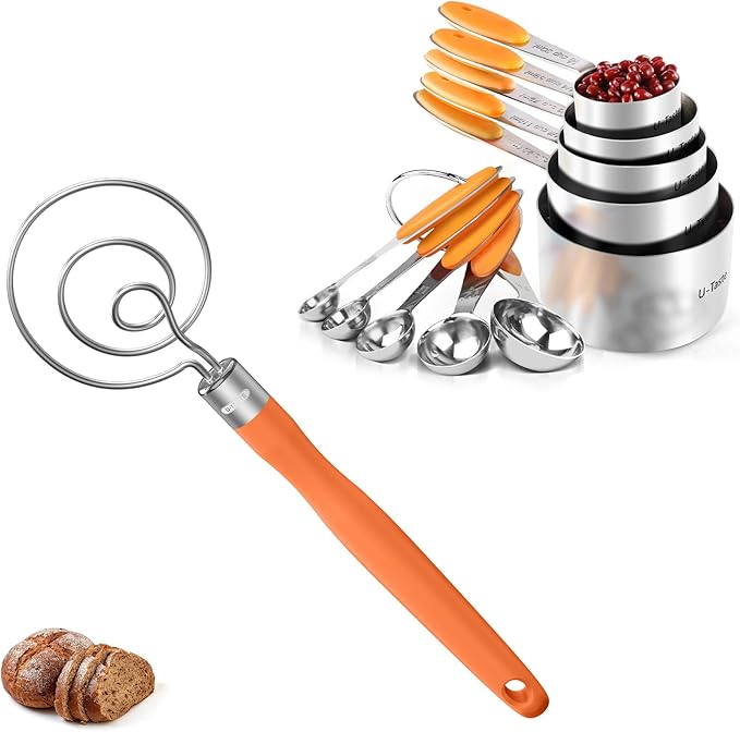 U-Taste 18/8 Stainless Steel Measuring Cups and Spoons Set of 10 and 12.6in Stainless Steel Danish Dough Whisk (Orange)