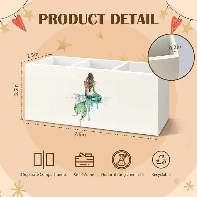 Coastal Beach Mermaid Wooden Utensils Holder, Coastal Kitchen Decor, Watercolor Green Mermaid Wood Cooking Utensil Holder Organizer for Kitchen Countertop Counter Decor