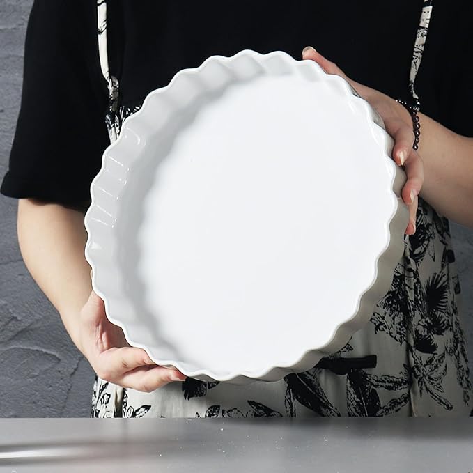 Quiche Baking Dish,Ceramic Pie Pan 11 Inch Reusable,Pizza Pan，Non-Stick Round Tart Pan with Ruffled Edge Microwave Dishwasher and Oven Safe (GREY)