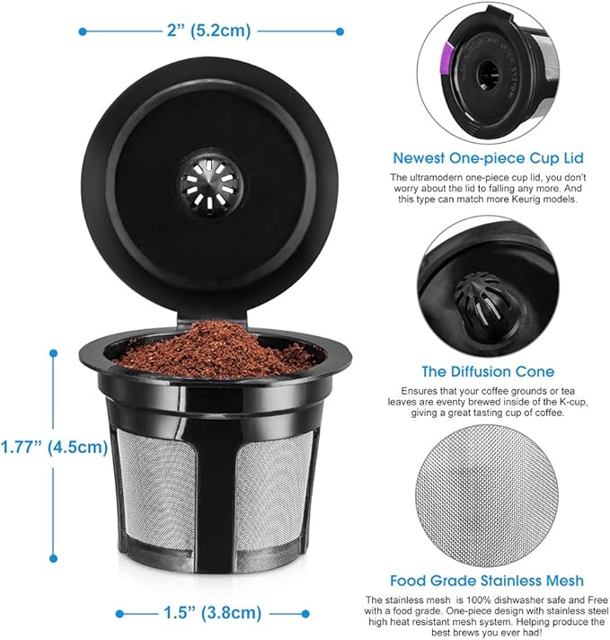 Reusable K Cups, Universal Fit Reusable Coffee Filters with Food Grade Stainless Steel Mesh Eco-Friendly Coffee Pods, for 1.0 and 2.0 Brewers (6)