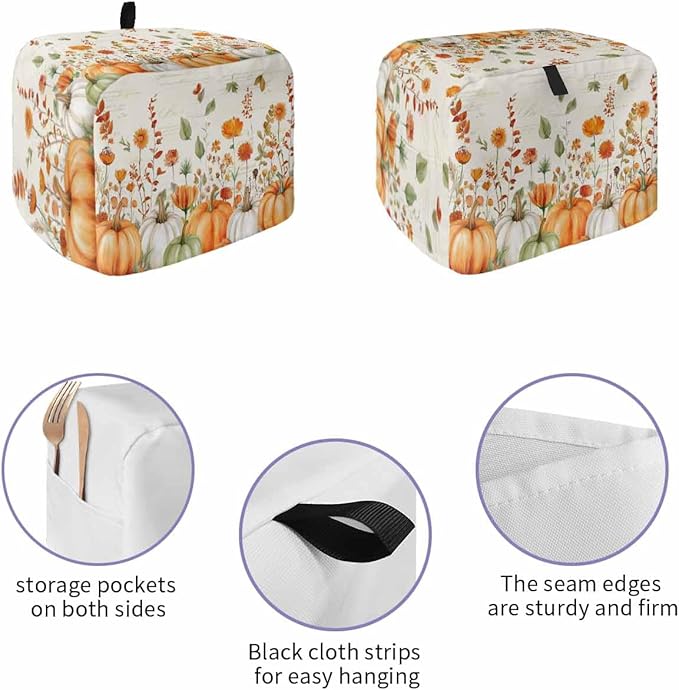Orange White Pumpkins Fall Toaster Cover 4 Slice, Thanksgiving Botanical Leaves Dustproof Bakeware Oven Protector with Hook, Retro Waterproof Small Kitchen Appliance Toasters Dust Cover, 12"x11"x8"