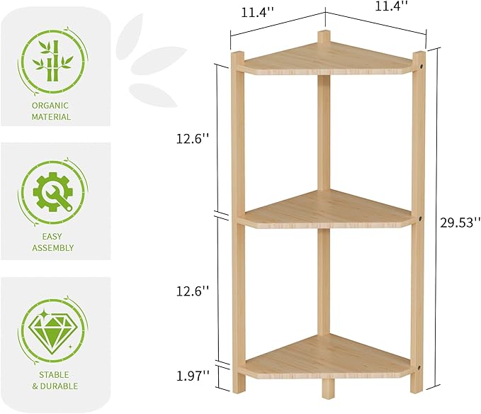 Wisuce Corner Shelf, 100% Real Bamboo Shower Corner Shelves Free Standing Shelf Storage Organizer for Bathroom Living Room Kitchen (Natural, 3 Tier)