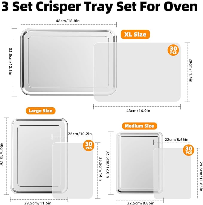 3 Set Air Fryer Basket, Air Fryer Pans and Tray for Oven with 90 PCS Parchment Papers, DEGOVIN Non-stick Stainless Steel Oven Air Fryer Basket and Tray-18.8" x 12.8" &14.88"×10.98"&12.8" x 8.9"