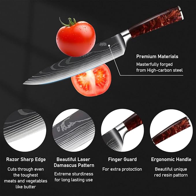 10-Piece Premium Japanese Kitchen Knife Set - Imperial Collection, Laser Damascus Pattern, 440A Stainless Steel Ultra Sharp for Fast Cutting (Red)