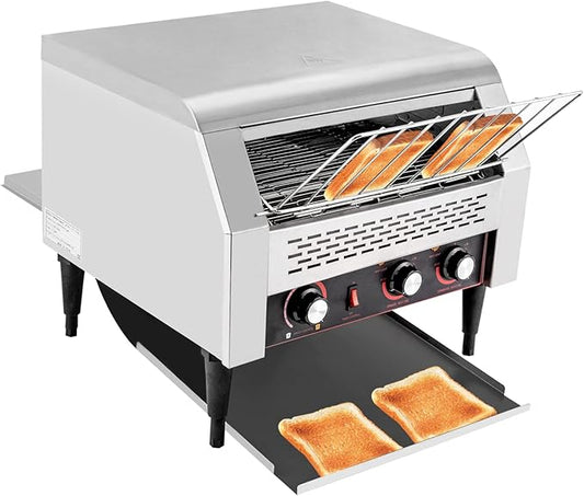 Commercial Conveyor Toaster 2600W, 450 Slices/Hour Stainless Steel Bread Oven with Dual Temp Control & Double Chutes - 7-Speed Adjustable