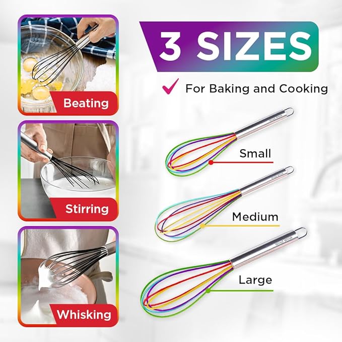 Silicone Whisk Set - Non-Scratch Set of 3 - Mini & Small Sizes - Stainless Steel Whisk - Cookware Wisking Tool