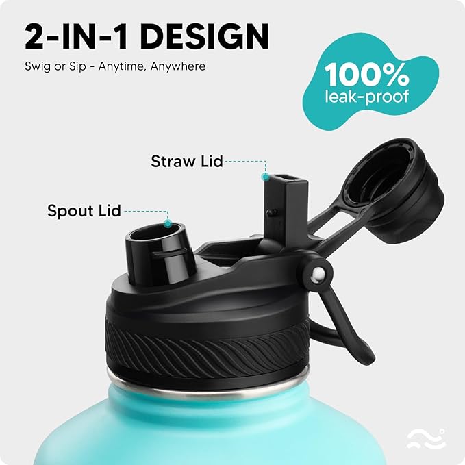 Swigina [2-IN-1 LID] 64 oz Insulated Water Bottle with Silicone Boot (48hrs Cold/24hrs Hot) - DIY Stickers, Leakproof, BPA Free, Half Gallon