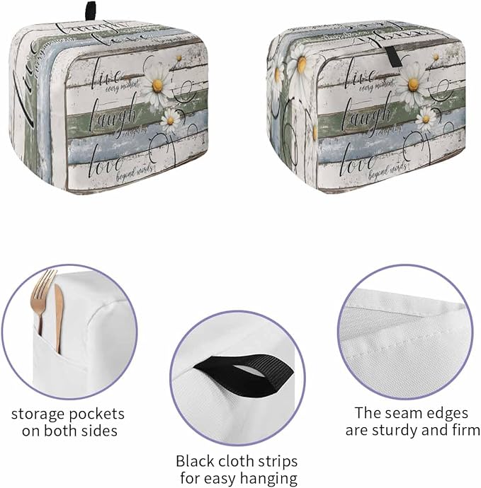 White Green Blue Toaster Cover 2 Slice, Vintage Wooden Rustic Dustproof Bakeware Oven Protector with Top Hook, White Daisy Floral Waterproof Small Kitchen Appliance Toasters Dust Cover, 11"x6"x8"
