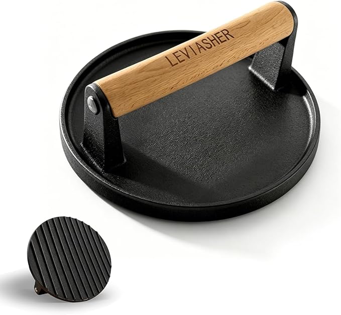 2.2lbs Heavy-Duty Griddle Press for Bacon Burger Steak Meat Paninis Burger Bacon Vegetables, Cast Iron BBQ Grill Press for Weber Blackstone Camp, Food Press for Cooking Round Wood Handle
