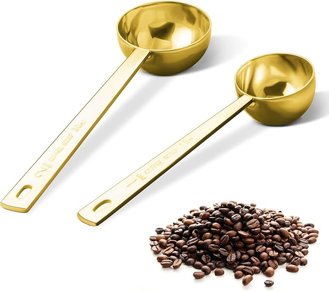 Safring Premium Coffee Scoop Set, Set of 2, Metal Stainless Steel Long Handle Coffee Scoop, Measuring Coffee Spoons Contains 1 Tablespoon (15 ml) and 2 Tablespoons (30 ml) Spoon-Gold