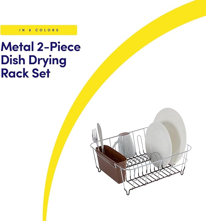Dish Drying Rack & Cutlery Holder 2 Piece Set - Compact Sink-Fitting Dish Drainer with Rubberized Undercoating, Space-Saving Kitchen Organizer for Plates, Cups, Bowls & Utensils in Sink, Bronze Brown