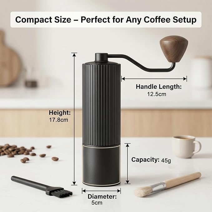 Manual Coffee Grinder with 420 Stainless Steel Burr, Adjustable Settings for Espresso & Turkish Coffee, Portable Hand Crank Coffee Grinder, 45g Capacity, Aluminum Body with Walnut Handle for Multi Use
