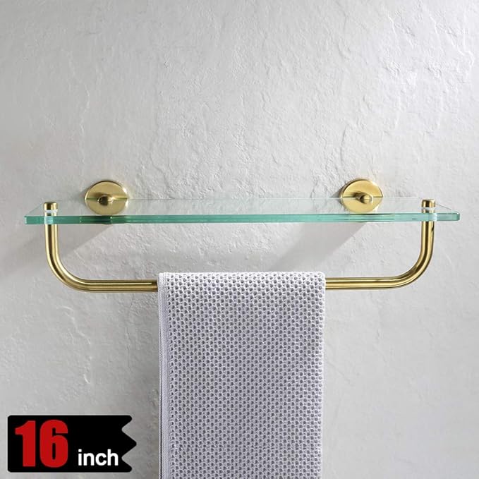 JQK Bathroom Glass Shelf, Shelf with 16 Inch Towel Bar Tempered Glass Shower Storage 16 by 5 inches, 304 Stainless Steel Brushed Gold Wall Mount, TGS100-BG