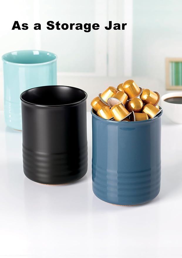 Utensil Holder, 6.7" Ceramic Kitchen Utensil Crock for Countertop Cooking, Modern Utensil Caddy Jar Organizer for Farmhouse Kitchen Counter Décor, Matte Black