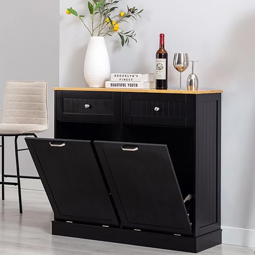 Gitua Double Tilt Out Trash Cabinet 20 Gallon, Freestanding Wooden Kitchen Trash Recycling Cabinet with Drawer & Removable Cutting Board, Dog Proof Trash Can Cabinet, Black