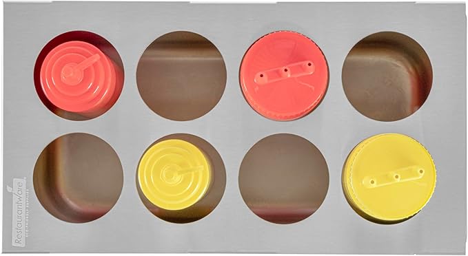 Restaurantware Squeeze Bottle Template Pack of 1 Stainless Steel 8 Hole Holder Top, 2.5" Diameter Fits 1/3 Size Food Pans, Dishwasher Friendly Integrated Lip Design Holder Top for Condiment Bottles