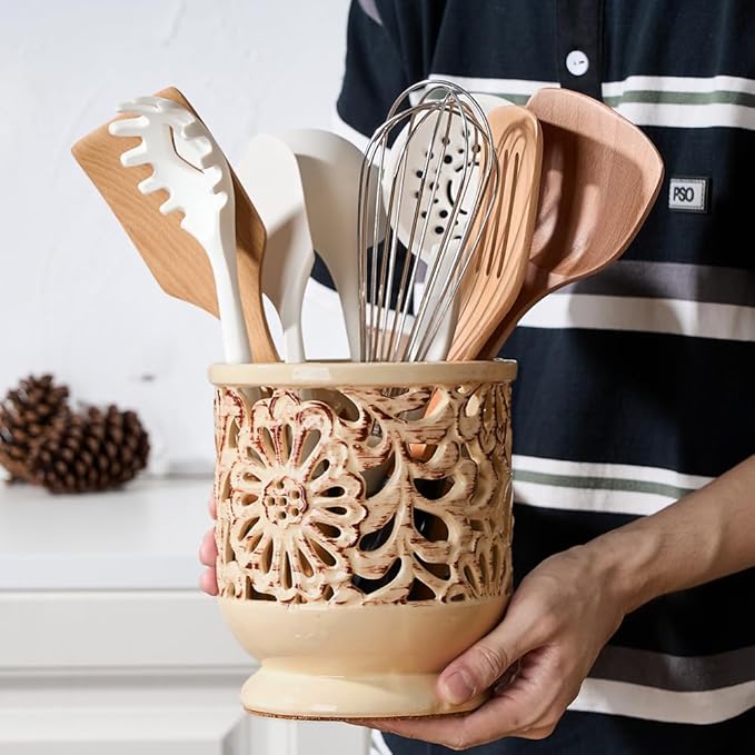 Farmhouse Kitchen Utensil Holder for Countertop, Ceramic Large Cooking Utensil Crock with Cork Mat, Decorative Rustic Utensil Holder for Kitchen Counter, Hollow Carving Flower, Beige