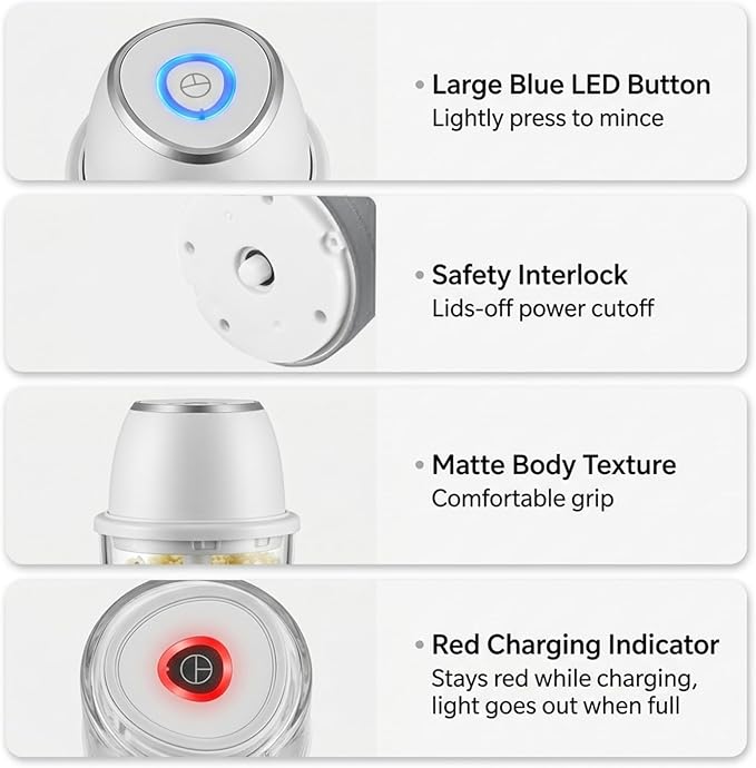 350ml Mini Food Chopper with 6 Stainless Steel Blades & Thickened Glass – Cordless Electric Garlic Chopper for Garlic Ginger Herbs Easy Clean Powerful Motor (White)
