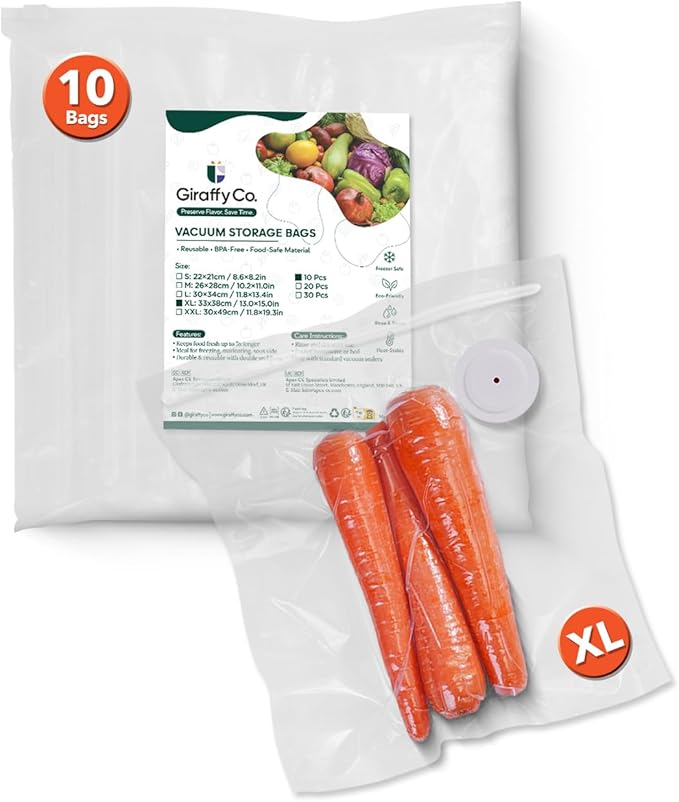 Reusable Vacuum Sealer Bags for Food, XL 10 Pack (33 x 38 cm / 13 x 15 in) – BPA‐Free, Leak‐Proof Zip Bags with Air Valve, Freezer & Sous Vide Safe, Works with Handheld Sealers