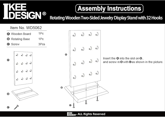 Ikee Design Wooden Rotating Two-Sided Jewelry Display Stand, Rotating Organizer with 32 Hooks for Store, Keychain Earring Display with Hooks, Coffee color, 9 W x 7.5 D x 16.5 H in