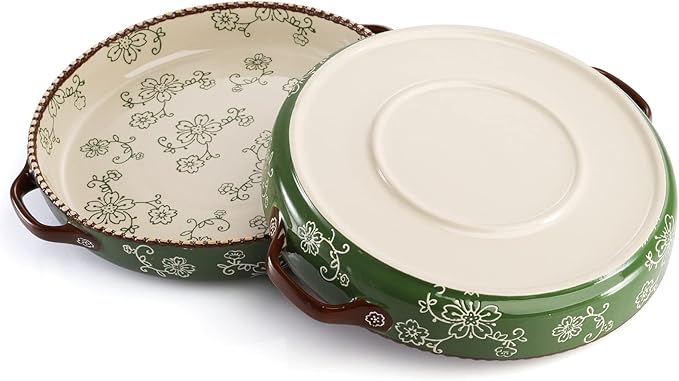 AVLA 2 Pack Ceramic Pie Pan, 9 Inch Round Baking Dish with Double Handle, 28 Ounce Deep Quiche Plate for Kitchen, Cooking, Roasting Lasagna (Sakura, Green)
