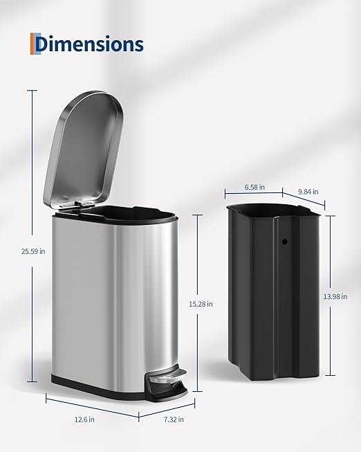 2.6 Gallon Bathroom Trash Can with Lid, Slim Step Pedal Garbage Bin, Stainless Steel Wastebasket with Soft-Close Lid, Removable Inner Bucket & Rear Handle for Bathroom, Office & Small Spaces-Silver