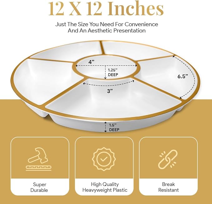 R-kay 4 Pack, 6 Sectional White Plastic Serving Trays For Party With Gold Rim - Heavy Duty Gold Party Trays For Serving Food - 12 Inch Platters