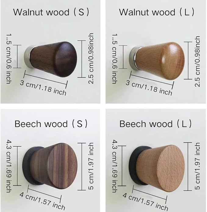 2 PCS Retro Magnetic Hooks, Wrought Iron Wooden Ball Hooks, Creative Punch-Free Storage for Refrigerators, Metal Doors, and Lockers (Beech+Walnut Wood,S)