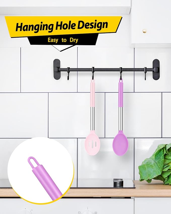 Pack of 2 Large Silicone Cooking Spoon Non Stick Solid Basting Spoons Heat-Resistant Kitchen Utensils for Mixing Serving (Pink-Purple)
