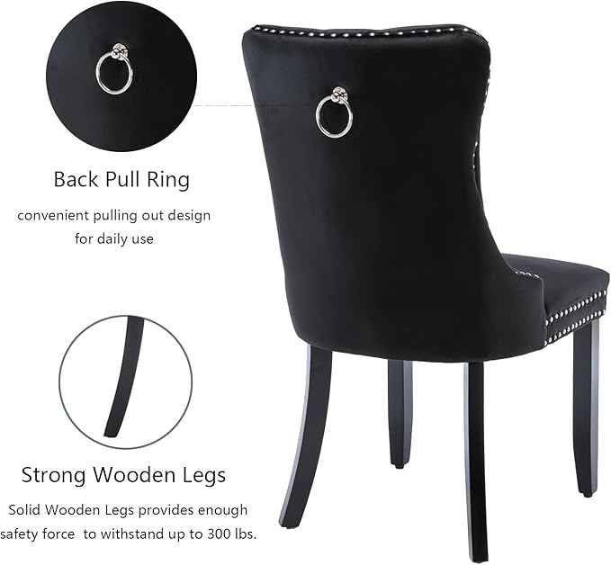 Black Dining Chairs Set of 6, Upholstered Velvet Dining Room Chairs with Back Ring Pull Trim and Solid Wood Legs,Modern Dining Chairs Perfect for Dining Room,Living Room,Kitchen(Black)