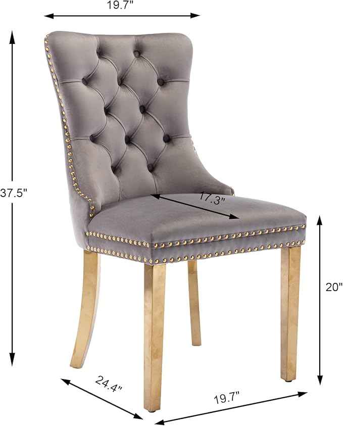 Grey Velvet Dining Chairs Set of 2, Upholstered Dining Room Chairs with Back Ring Pull Trim and Golden Stainless Steel Legs,Modern Kitchen Chairs for Dining Room,Living Room,Kitchen(Grey)