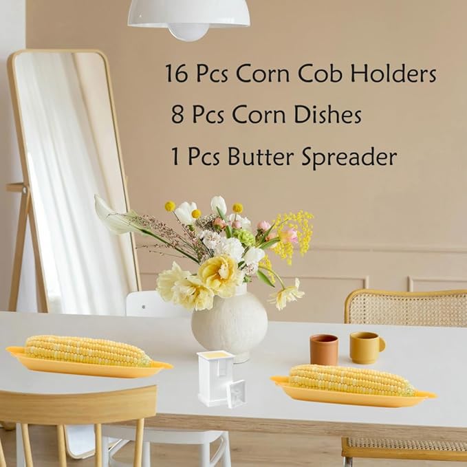 16 Pack Corn Cob Holders and 8 Pack Corn Dishes with Butter Spreader, Corn Dishes and Butter Spreader Set Kits, Corn Cob Holders Skewers BBQ Corn Holders, PEOUWNES Corn on The Cob Holders