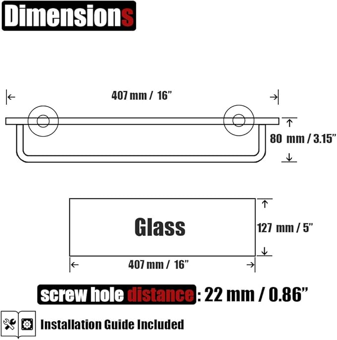 JQK Bathroom Glass Shelf, Shelf with 15 Inch Towel Bar Tempered Glass Shower Storage 16 by 5 inches, 304 Stainless Steel Champagne Bronze Wall Mount, TGS100L16-CB