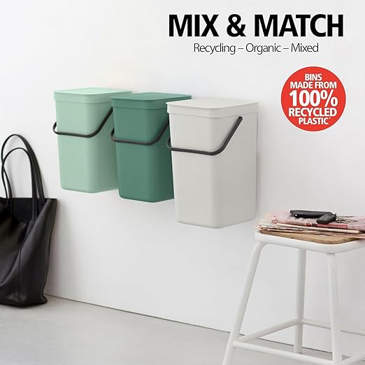Brabantia Sort & Go Kitchen Recycling Bin | L / 10.6 Gal / 40L | Fir Green | Removable Stay-Open Lid, Carry Handle | Trash Can for Bottles, Cans, Paper, Glass | Wall Bracket Sold Separately