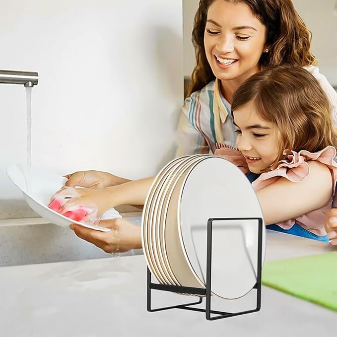 4 Pack Kitchen Plate Holder Organizer for Cabinet Space Saver, Kitchen Dish Storage Drying Racks, Metal Upright Dish Stand for Counter Cupboard (Black)