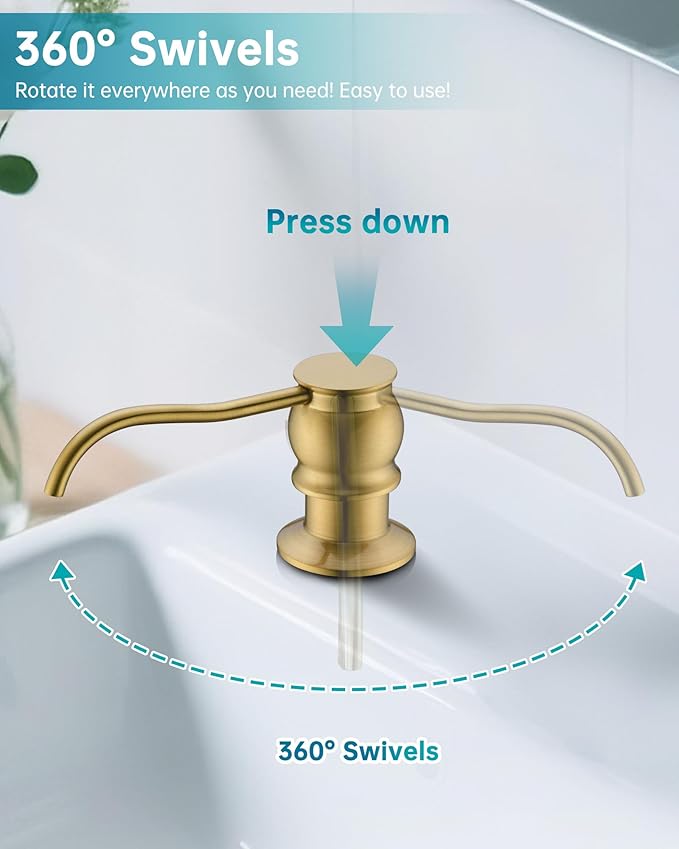 Built in Deck Mount Liquid Lotion Kitchen Countertop Metal Soap Dispenser, Brushed Gold Brass Dispenser Pump with 500ml (17oz) High Capacity Bottle