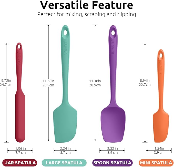 U-Taste 600ºF Heat Resistant BPA Free Silicone Spatula Set of 4 (Colorful), and 18/8 Stainless Steel 10in Extra Long Coffee Scoop Set of 2, 1&2Tbsp(15&30ml)