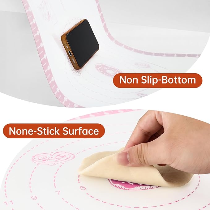 Non Slip Silicone Pastry Mat With 10 Useful Recipes, Non Stick Dough Mat for Rolling Out, Silicone Mat for Baking,Cookie, Macaron, Pizza, Surdough, Extra Large and Oven Safe