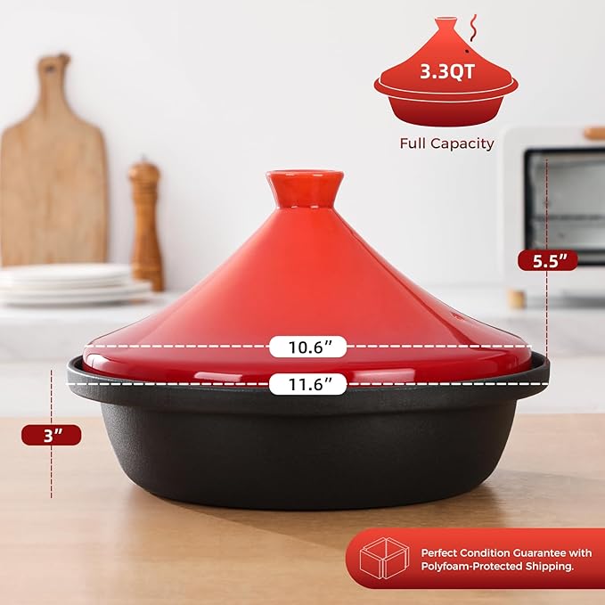 Moroccan Tagine for Cooking: Enameled Cast Iron Cooking Pot, Slow Cooker, Classic Kitchen Cookware, Tajine with Ceramic Cone-Shaped Closed Lid, 3.3 QT, Orange
