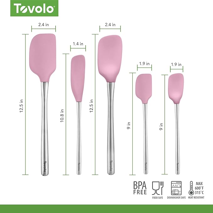 Tovolo Stainless Steel Handled Silicone Spatula Set of 5 Pink Sorbet, Dishwasher Safe Kitchen Spatula Set for Cooking Baking, Non Toxic BPA Free Silicone Spatula set with Metal Steel Handle