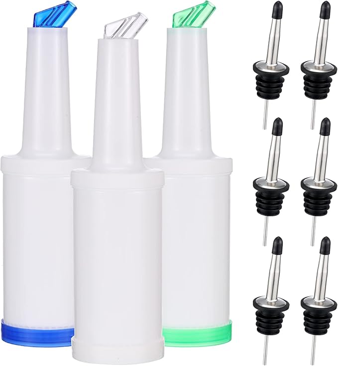 Chengu Fruit Juice Pour Bottles 34 oz Plastic Liquor Bar Supplies with Stainless Steel Bottle Pourer Tapered Spout for Cocktail Bartending Liquor Juice Store(White, Blue,Green,3 Pack)