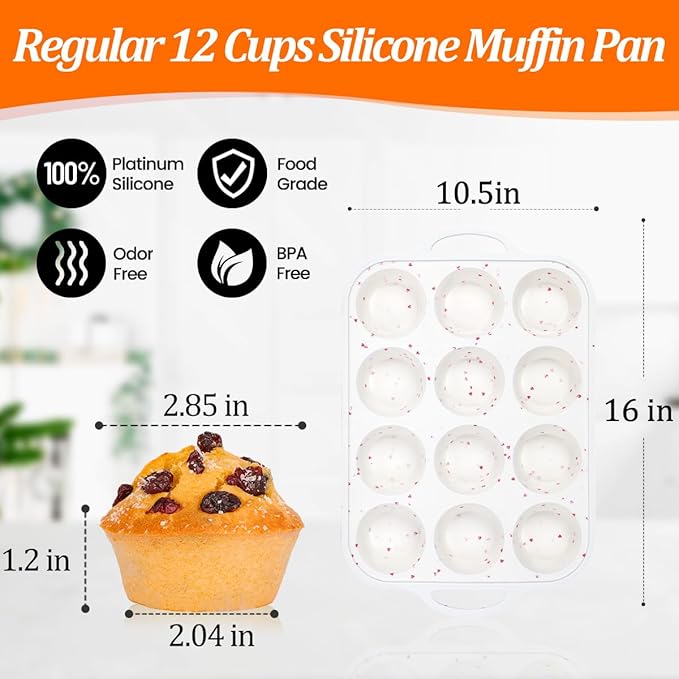 CAKETIME Regular Size Muffin Pan with Metal Reinforced Frame, Silicone Cupcake Pan Easy to Handle Nonstick 12 Cups Silicone Muffin Pans for Baking BPA Free 2 Pack