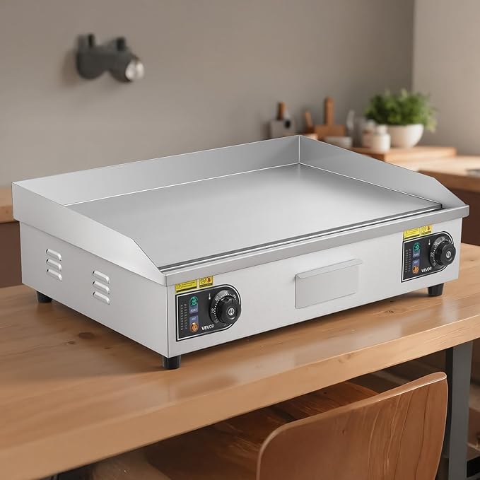 VEVOR Commercial Electric Griddle, 28.54 x 15.75 in, 2800W, 122-570°F Adjustable Temp Control, Stainless Steel Countertop Flat Top Grill with 2 Spatulas, 2 Brushes, and 4 Foot Pads, for Steak