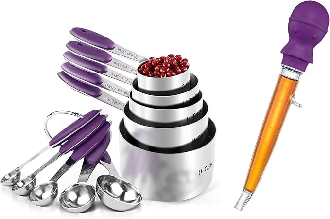 U-Taste 18/8 Stainless Steel Measuring Cups and Spoons Set of 10 Piece, Upgraded Thickness Handle and 1.5oz Heat Resistant Angled Turkey Baster with Cleaning Brush for Cooking Basting (Purple)