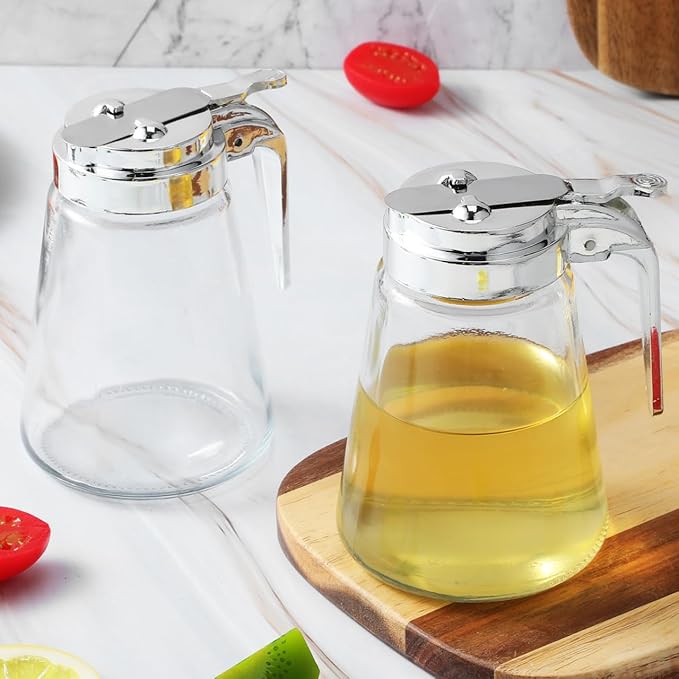 Luxshiny Glass Syrup Dispenser Set 2-Pack with Leak-Proof Metal Lids 10Oz Each for Honey Sugar Creamer and Condiments Kitchen Serving Bottles